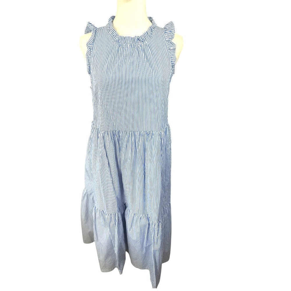 J.Crew Blue White Striped Ruffle Tiered Midi Dress Sleeveless Pockets Womens 4
